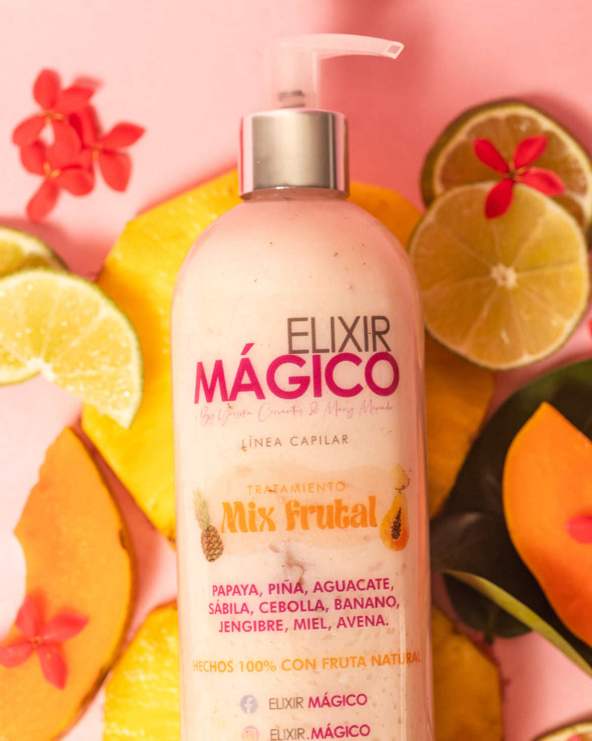 Mascarilla Mix Frutal Elixir Mágico rodeada de frutas naturales